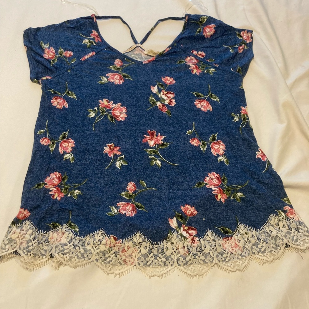 Rewind Large Blue Floral Lace Hem Cross Back Cap Sleeve Top